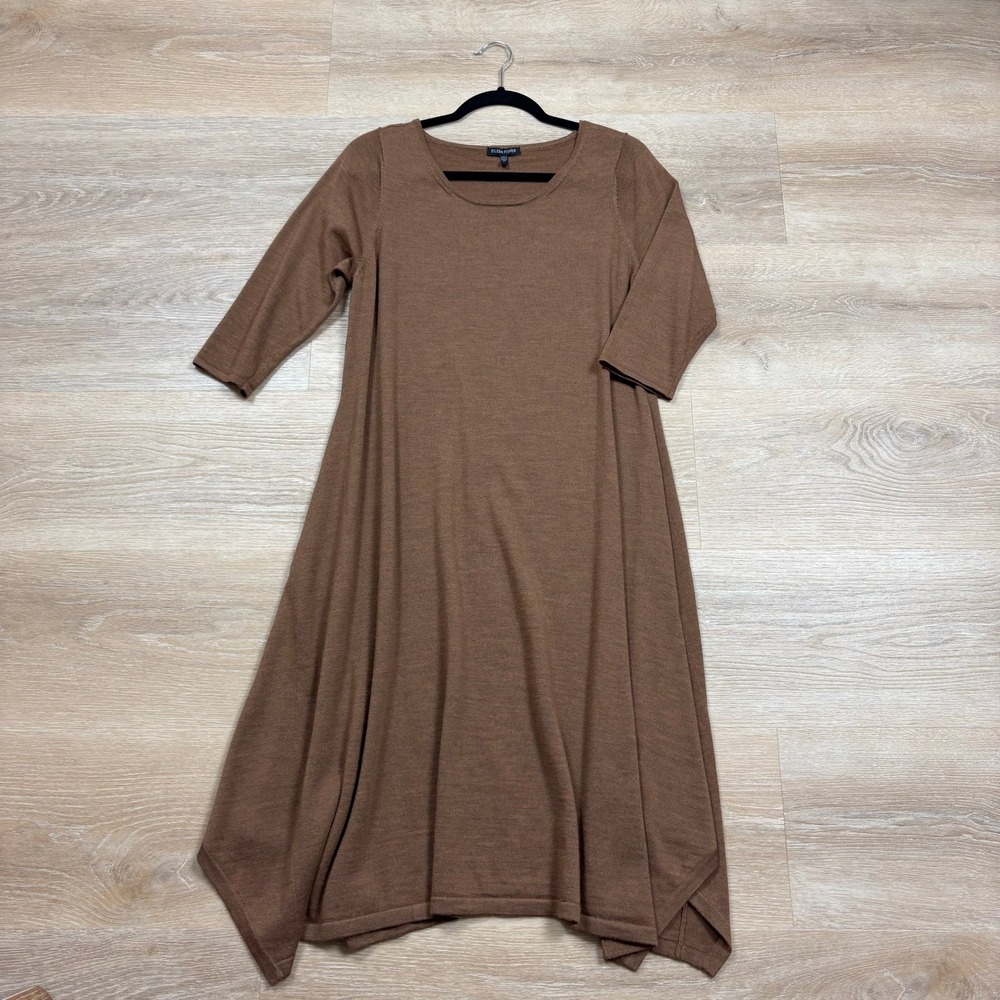 Eileen Fisher 100% Merino Wool Knit Midi Dress Handkerchief Hem Women' Large